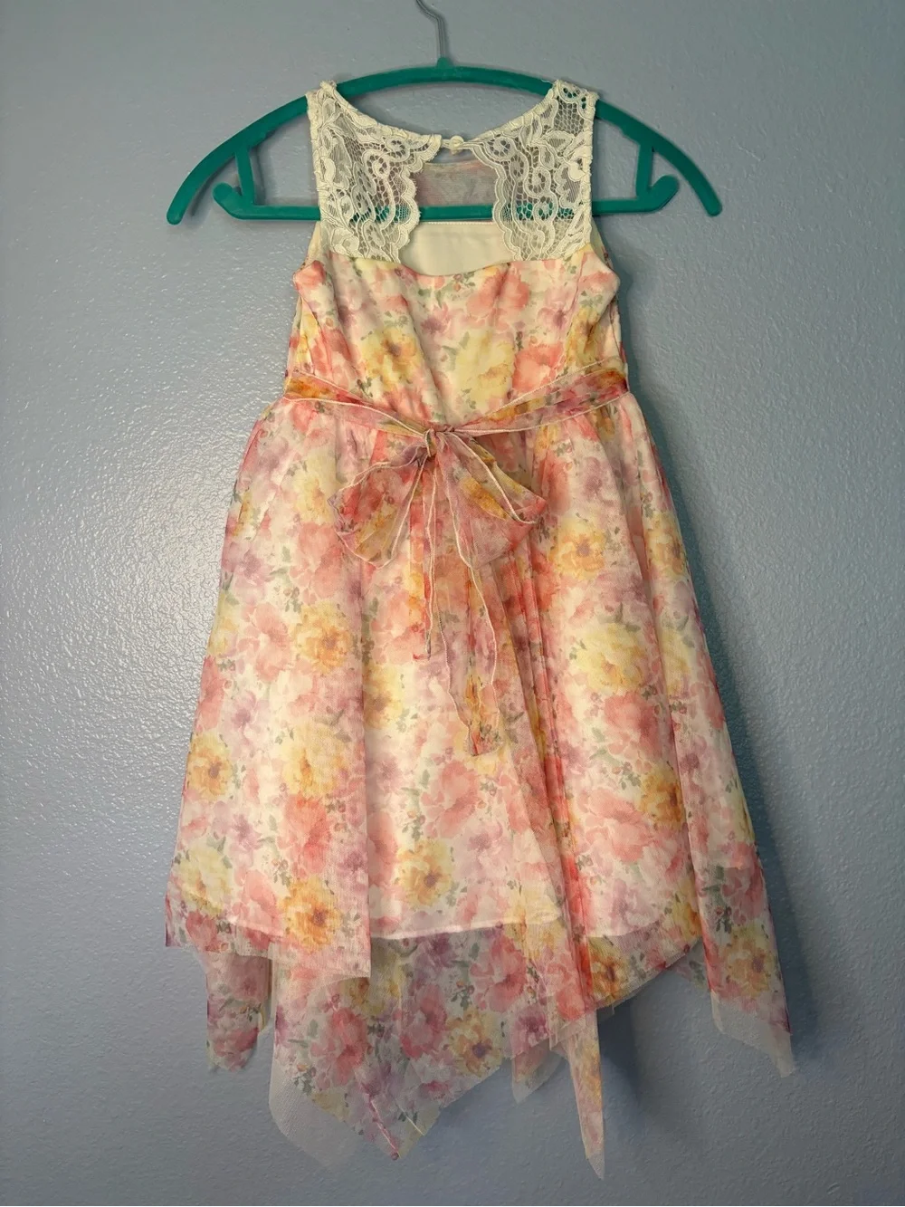 Bonnie Jean Pink Floral Handkerchief Hem Dress with Rosette